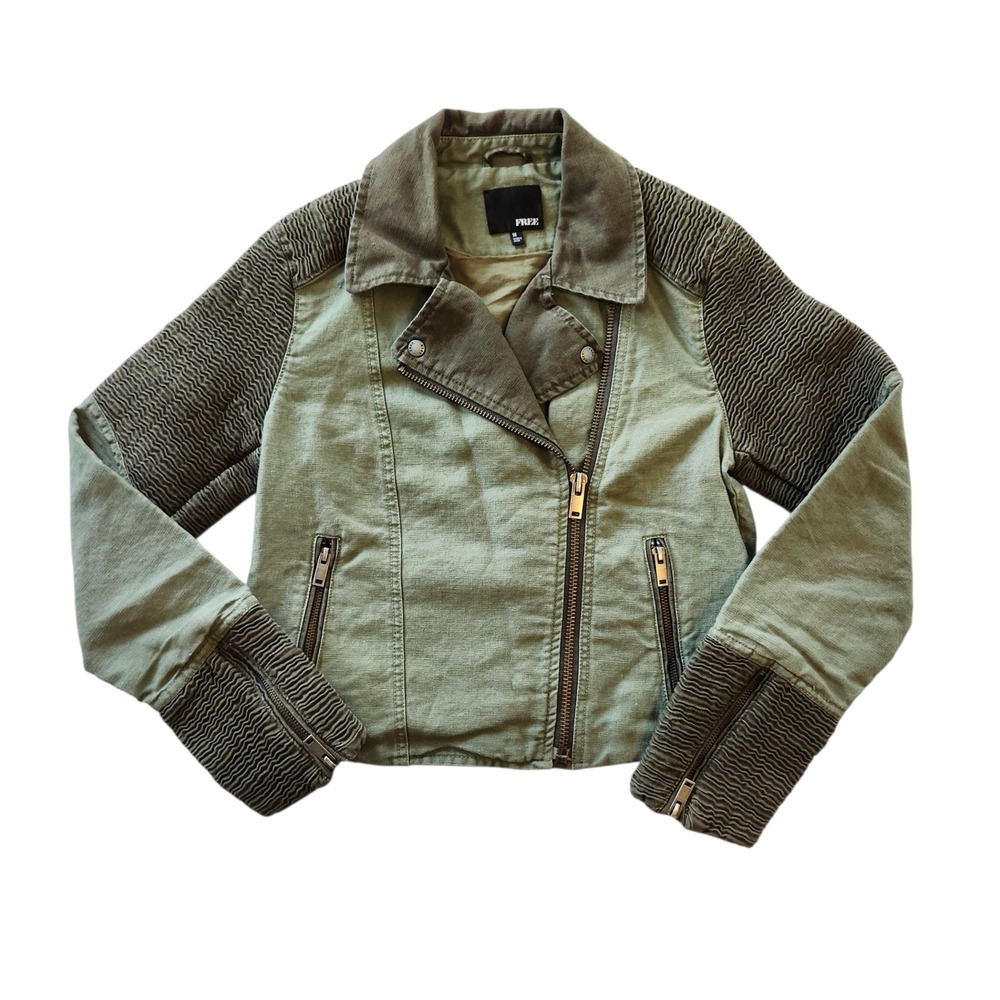 Wilfred Free Aritzia Alana Olive Army Green Linen Cotton Moto Biker Jacket Med M